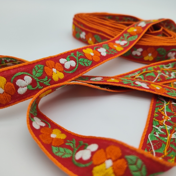 Vintage French Woven Floral Ribbon Red Orange Jacquard Two (2)Yards - Picture 2 of 5